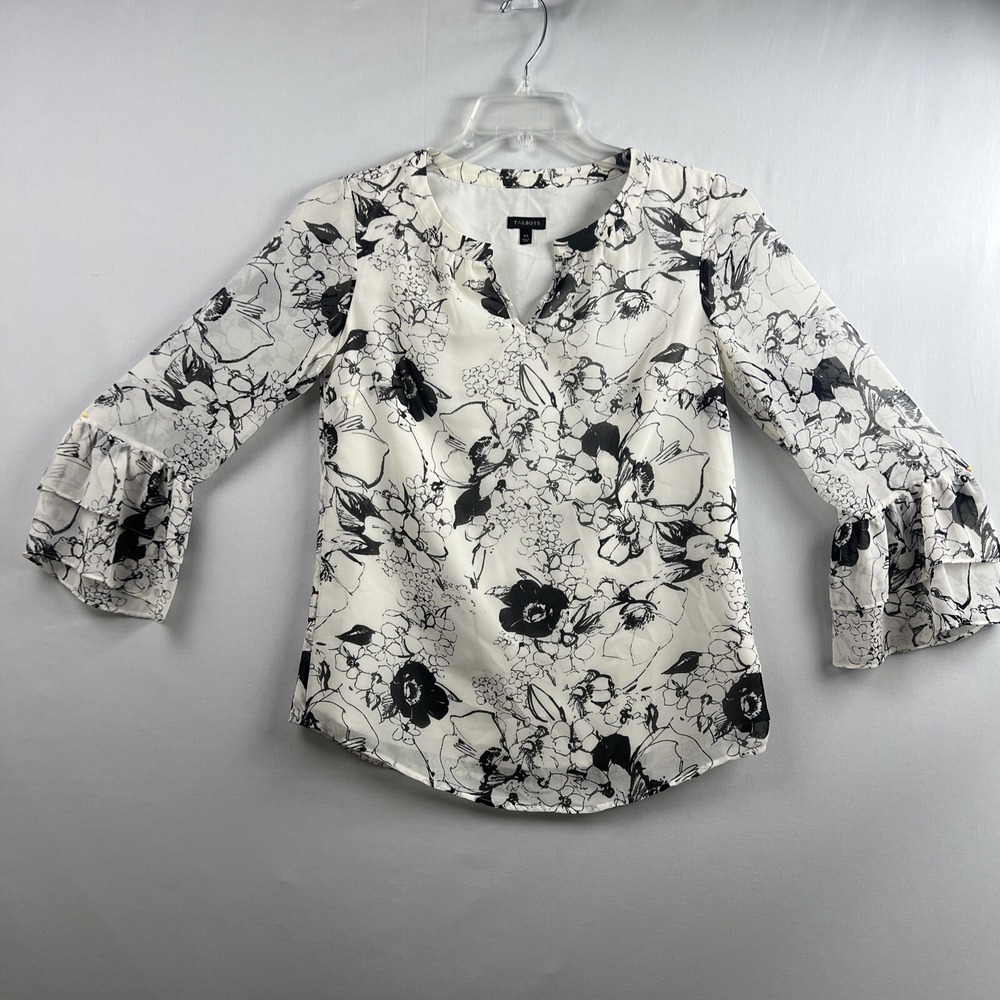 Talbots Popover Blouse Sheer Chiffon Floral Size XS Off White Black Cottage Core